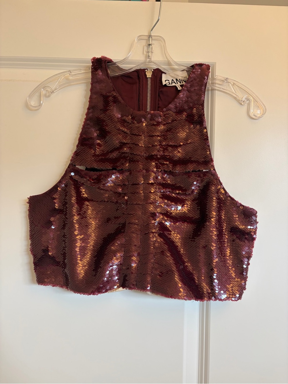 Ganni Burgundy Sequin Cropped Tank